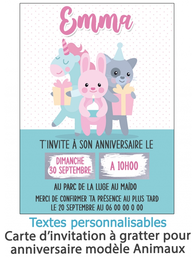 Invitation anniversaire sur téléphone carte à gratter cadeau animaux