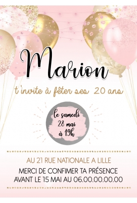 Carte d'invitation anniversaire ou fête à gratter - ballon doré et rose