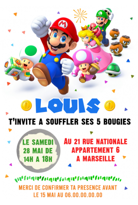 Invitation d'anniversaire de Super Mario, invitation imprimable de carte  numérique, invitation de Mario, invitation numérique de Super Mario Bros