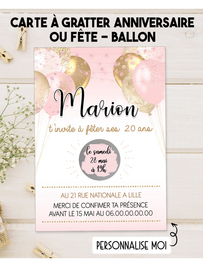 Carte d'invitation anniversaire ou fête à gratter - ballon doré et rose