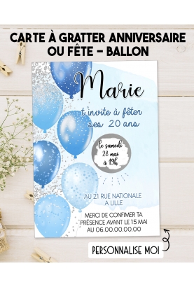 Carte d'invitation anniversaire ou fête à gratter - ballon bleu et argenté
