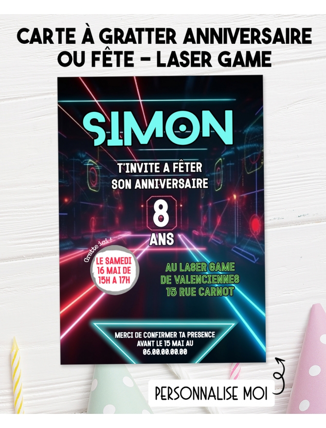 Carte d'invitation anniversaire à gratter - Laser Game