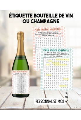 Etiquette bouteille de vin ou champagne mots mélés personnalisable