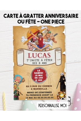 carte invitation. carte anniversaire enfant. carte One Piece. anniversaire One Piece, carte invitation gratter.